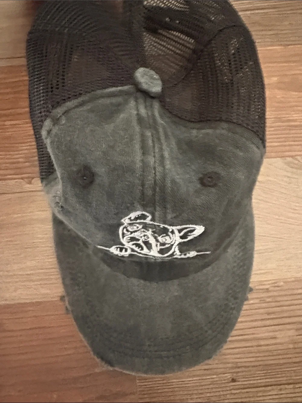 Black Washed Trucker Hat with White French Bulldog Embroidery - Picture 3 of 5